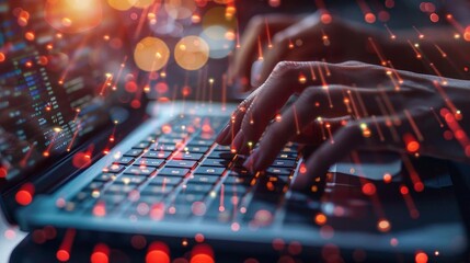 Wall Mural - Hands typing on a keyboard with colorful data particles, symbolizing technology, coding, and cybersecurity concepts.