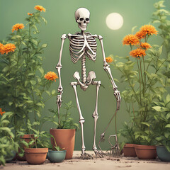 Wall Mural - funny illustration of a skeleton watering flowers plant in the garden, nature background
