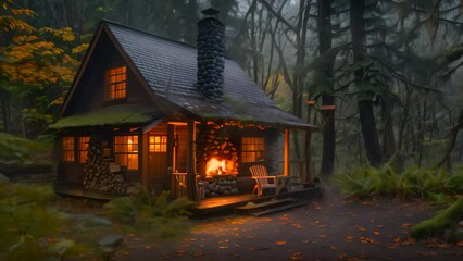 Wall Mural - Small cabin nestled among trees in forest, A cozy cabin nestled in the woods with a warm fire burning inside