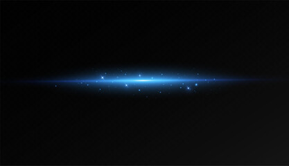 Poster - Blue flash on a transparent background. Flying magic blue dust. Glowing line. Vector illustration.Bright line of light, beam. Magic glow, particles of light.