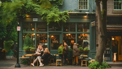 Wall Mural - Couple dining at table outside cozy restaurant on bustling street, A cozy coffee shop nestled on a bustling street corner