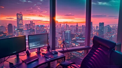 Wall Mural - A room with a view of a city at night from a cozy home office setup, A cozy home office setup with a view of the city skyline