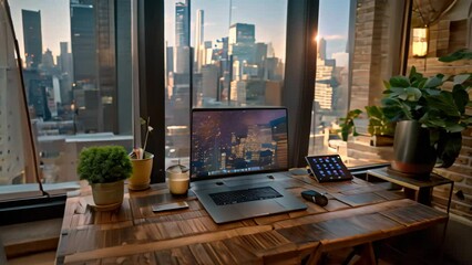 Sticker - A laptop computer rests on a wooden desk in a cozy home office with a city view, A cozy home office setup with a view of the city skyline