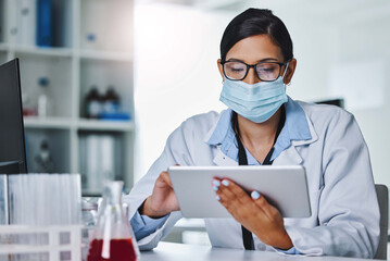 Poster - Tablet, medical and woman for research with mask in hospital for innovation, healthcare and medicine. Doctor, scientist and technology for internet, development and online for analysis or knowledge