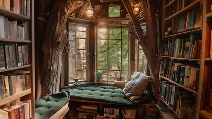 Wall Mural - A room filled with numerous books stacked on shelves, with a window letting in natural light, A cozy reading nook surrounded by towering bookshelves