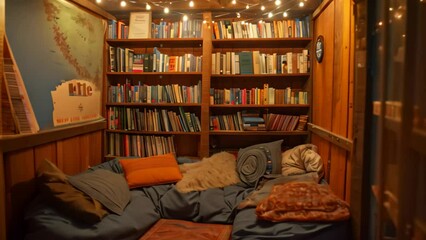 Poster - A room filled with numerous books and various lights creating a cozy ambiance, A cozy reading nook with bean bags and a small library of books