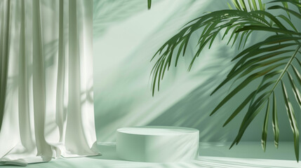 Wall Mural - A refined 3D render of a cloth-covered white stage with a green tropical podium, palm leaf shadows casting delicate patterns. The background is a simple green, perfect for product showcases