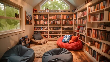 Poster - A room packed with a variety of books and multiple bean bag chairs creating a cozy reading environment, A cozy reading nook with bean bags and shelves of books