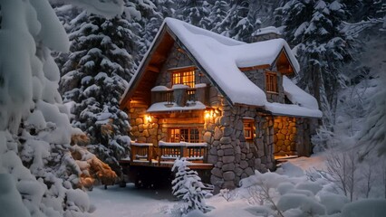 Wall Mural - A cozy ski lodge nestled among trees in a snowy forest, A cozy ski lodge nestled among the trees