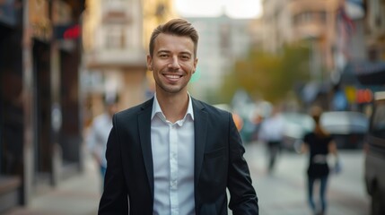 Wall Mural - portrait of a handsome smiling young businessman boss in a black suit walking on a city street to his company office. blurry street background, confident