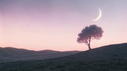 Poster - A painting of a tree standing on a hill under the silver light of a crescent moon, A crescent moon beginning to rise, its silver light casting a gentle glow over the landscape