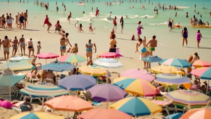 Sticker - A beach filled with lots of people enjoying the sun under colorful umbrellas, A crowded beach dotted with colorful umbrellas and sunbathers