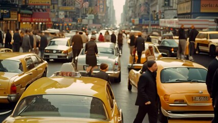Wall Mural - A busy city street jam-packed with taxis and commuters in suits navigating through heavy traffic, A crowded street filled with taxis and suits