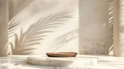Wall Mural - A simple and elegant 3D render of a beige and brown podium on a white marble stage, with palm leaf shadows adding a botanical touch