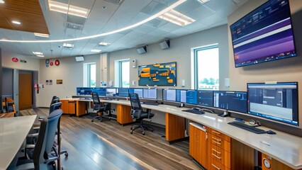 Poster - High-Tech Operations Room With Multiple Monitors and Desks, A cutting-edge facility where city officials monitor and analyze data to improve quality of life for residents