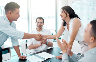 Canvas Print - Welcome, meeting and business people with handshake for deal, partnership or review project. B2B, happy woman and client shaking hands with documents for briefing, agreement or teamwork on proposal