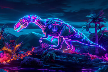 Wall Mural - dinosaurs in the jungle vector neon 3d rendering