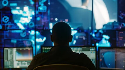 Poster - a man is seated at a desk, focused on multiple computer monitors displaying information, a cyber int