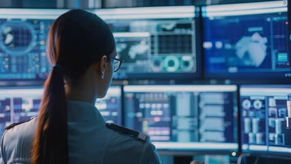 Poster - A woman focused on analyzing data on multiple computer screens as a cyber intelligence analyst, A cyber intelligence analyst monitoring online threats