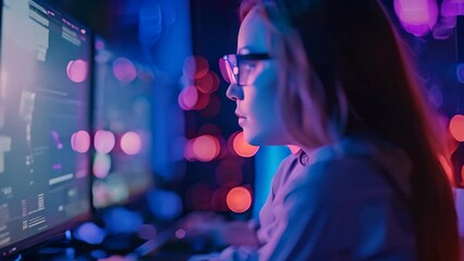 Poster - A woman sitting in front of a computer screen, focused on her work as a cyber resilience specialist, A cyber resilience specialist developing strategies to recover from cyber attacks