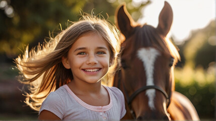 Portrait of cute happy smiling little girl with horse on a beautiful summer day. Interacting with horses encourages emotional bonding and can help children develop trust, empathy, confidence and helps