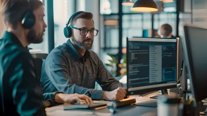 Poster - two men sitting at a desk, discussing cybersecurity strategies on a computer, a cybersecurity consul