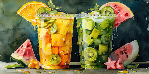 Wall Mural - painting of tropical fruits in cups 