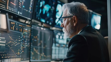 Poster - a cybersecurity consultant in a suit and glasses is focused on a computer screen, a cybersecurity co