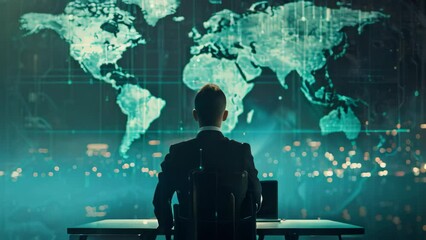Poster - A man stands in front of a world map projection, A cybersecurity journalist reporting on the latest cyber security news