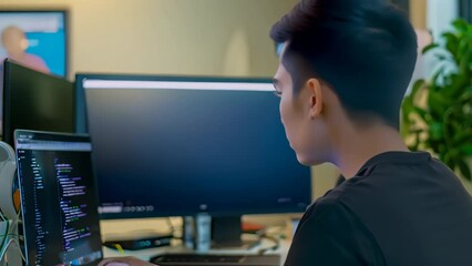 Canvas Print - A man seated in front of a laptop computer, focusing on his work, A cybersecurity professional conducting a penetration test