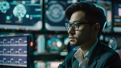 Poster - A man in a suit and glasses carefully examines a computer screen displaying malware code, A cybersecurity researcher studying the latest malware threats