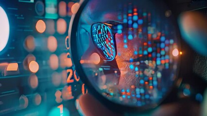 Poster - man closely inspects computer screen with magnifying glass for cybersecurity investigation, a cybers