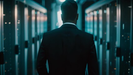 Poster - a data privacy officer in a suit standing inside a server room, a data privacy officer ensuring comp