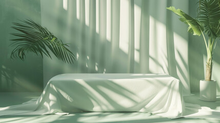 Wall Mural - A simple and elegant 3D render of a cloth-covered white stage with a green tropical podium, palm leaf shadows adding a botanical touch