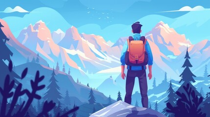 Wall Mural - Abstract flat background with man with tourist backpack and mountains. Generative AI.