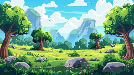 This seamless nature cartoon background is a modern illustration with separate layers