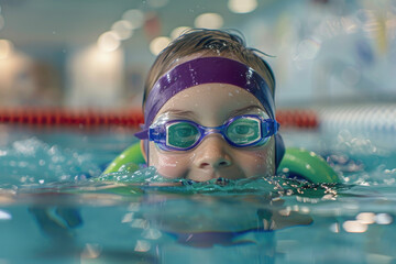 Wall Mural - a child swimming in an indoor pool with swim goggles and a purple cap. A green board is floating on the water surface