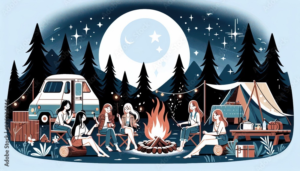 Illustration of a group of friends camping at night in a forest with a ...