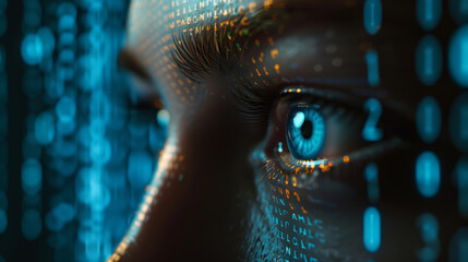 The concept of nanotechnology and cyberspace. Close-up of a woman's eye in a blue-orange digital image
