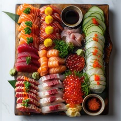 a mixed sushi platter, evoking raw sashimi, presented in a colorful arrangement, well decorated and deliciously appetizing