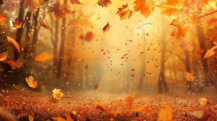 Wall Mural - tranquil autumn scene with vibrant falling leaves in red and orange hues