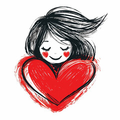 Wall Mural - Cute girl hugging red heart on white background