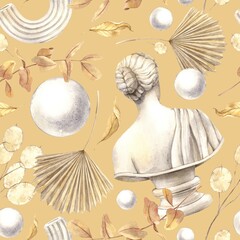 Antique female marble bust, dried flowers, plaster ball and decor. Watercolor pattern on an ocher background in a modern style. Handmade composition for interior, packaging, wedding design, fabric.