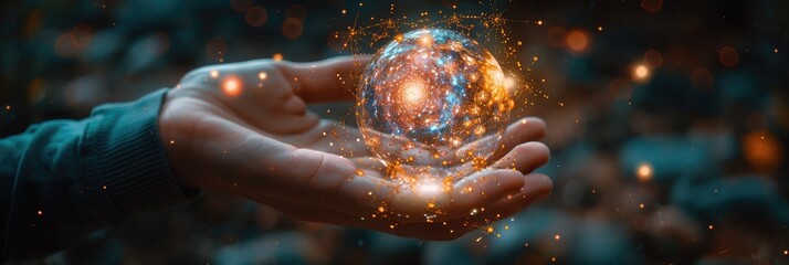 quantum physics, quantum particles energy catch, atom particles structure hologram holding in hand a