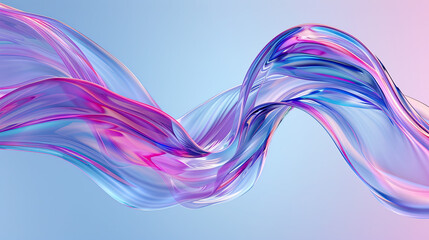 Fototapete - Abstract Transparent glossy glass ribbon on water. Holographic in nature landscape.  curved wave in motion. Iridescent