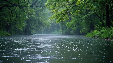 Wall Mural - A tranquil riverbank scene with rain gently falling the soft sound of water blending with the rain