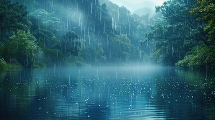 Wall Mural - A tranquil riverbank scene with rain gently falling the soft sound of water blending with the rain