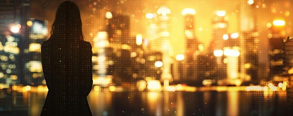 Poster - Silhouette of a person standing against the illuminated city skyline at night, with glowing lights reflected in the water.