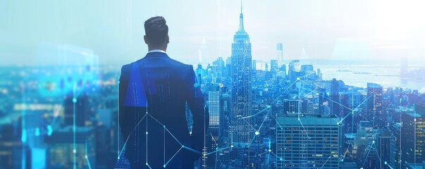 Business professional overlooking a digital cityscape, symbolizing technology, innovation, and future opportunities in a modern urban environment.