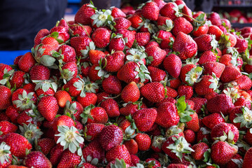 Lots of strawberries, fresh strawberries for sale. Strawberry in market close up.Colorful fruits, red strawberry, background.